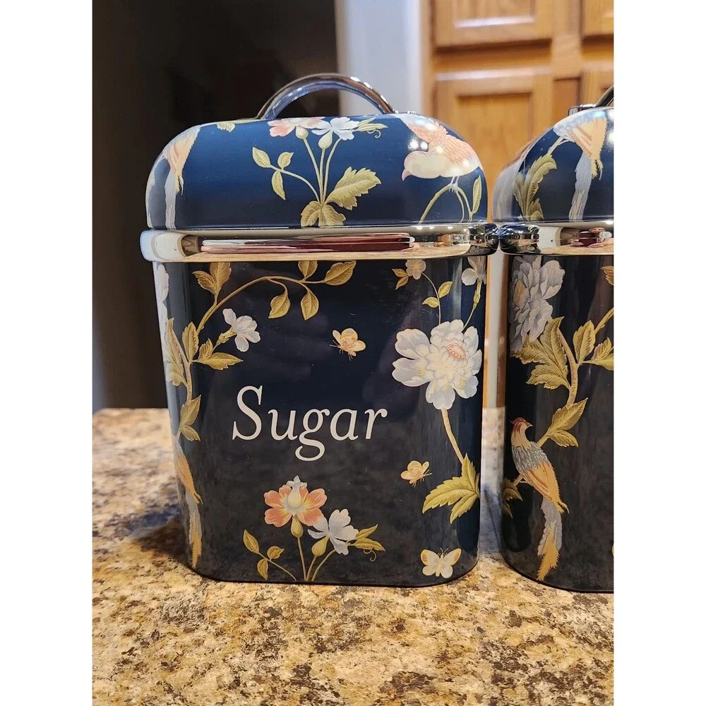Laura Ashley Blue Floral Metal Square Coffee Tea Sugar Canister Set of 3